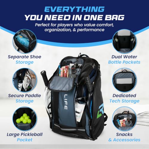 Navy/Black Oversized Waterproof Pickleball Backpack with Shoe Compartment & Fence Hook