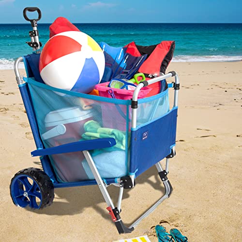 Blue Foldable Beach Lounge Chair with Wagon & All-Terrain Wheels - 2-in-1 Portable Seat & Cargo Cart