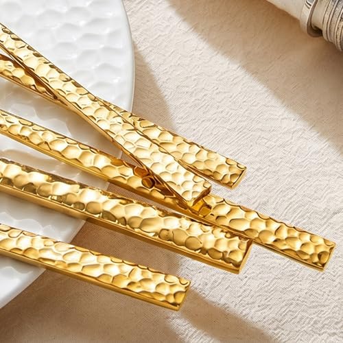 Gold 40-Piece Flatware Set for 8 - Hammered Stainless Steel Cutlery by KINGSTONE