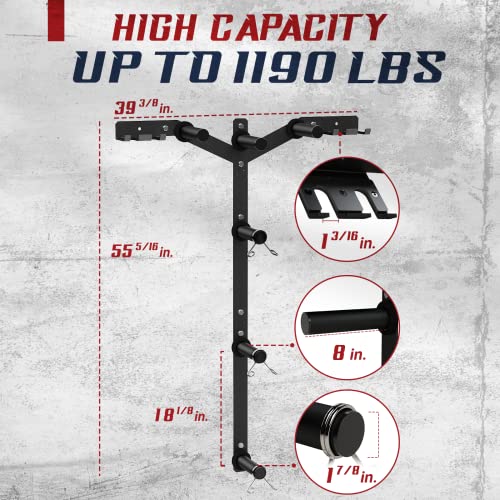 Wall Mounted Weight Plate Rack & Barbell Holder - Heavy Duty Steel, Black (Yes4All 6 Pegs & 4 Barbell Storage, Load up to 1190 lbs) - A. Black