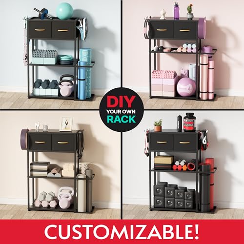 Adjustable Home Gym Storage Rack with Drawer - Heavy Duty Fitness Organizer