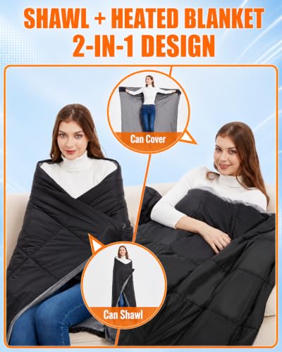 Large Battery-Powered Heated Blanket 62x55in Portable Cordless for Outdoor Use - Black