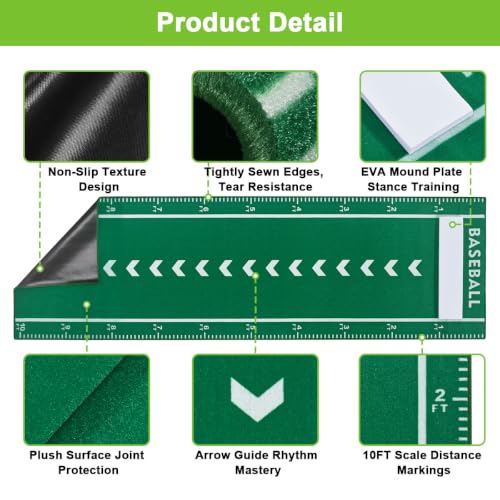 JOSTZHXIN Green Softball Pitching Mat 10x3FT Non-Slip Training Pad for Youth Baseball & Softball