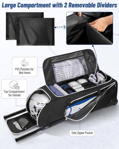 38-Inch Hockey Bag with Wheels, Travel Duffle for Ice Hockey Gear