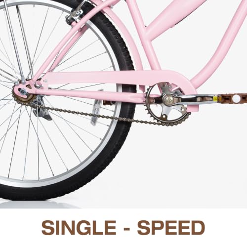 Pink 26-Inch Beach Cruiser Bike for Men Women City Commuter Bicycle