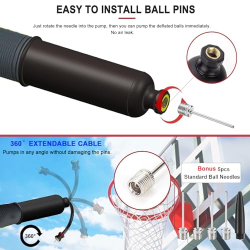 Ball Pump with Needle Storage & Extension Hose - Black, 5 Needles
