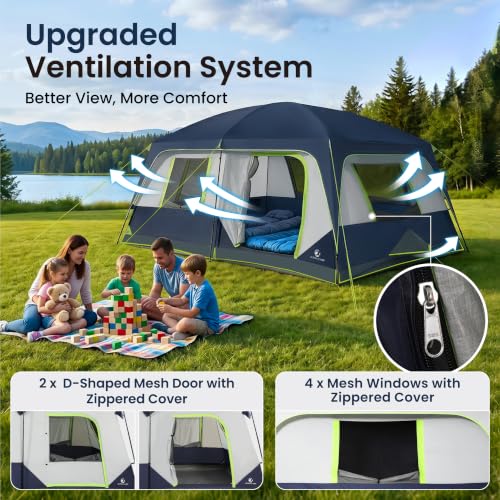 Alpha Camp 10 Person Family Camping Tent Navy Blue Weather-Resistant with Rainfly & Mesh Windows