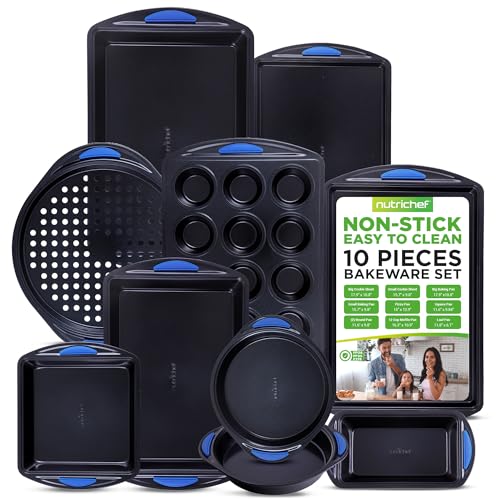 NutriChef 10-Piece Nonstick Bakeware Set - Heavy Duty Carbon Steel with Silicone Handles, Includes Cookie Sheets, Muffin, Pizza & Loaf Pans - Starter Kit