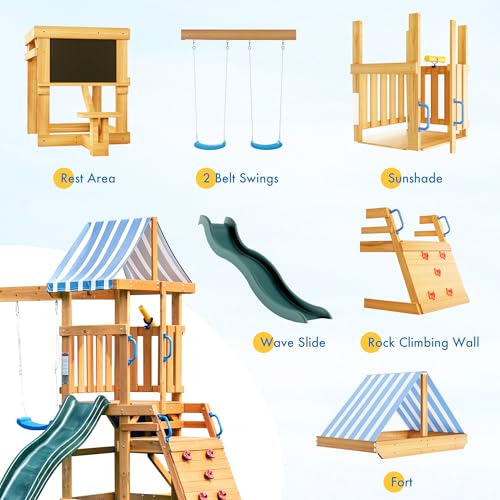 ROBOTIME Wooden Kids Swing Set Backyard Playset Ages 3-10 with Slide & Climbing Rope