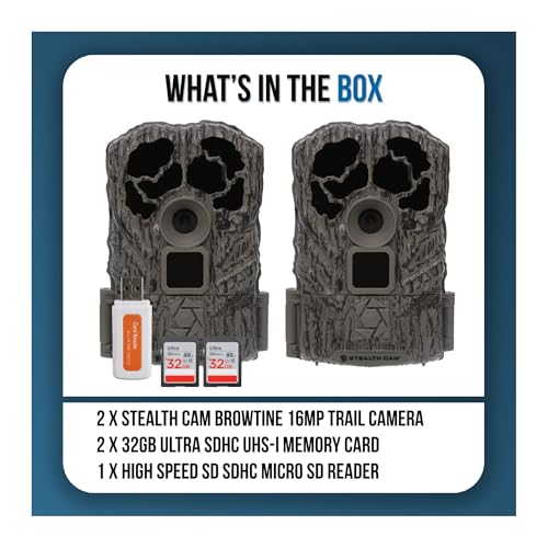 2-Pack Stealth Cam Browtine 16MP Trail Camera Bundle with SD Cards & Card Reader