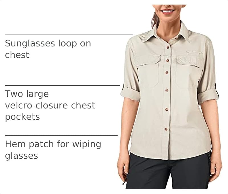 Women's UPF 50 Sun Protection Shirt Long Sleeve Outdoor Fishing Hiking Safari - Medium Light Khaki