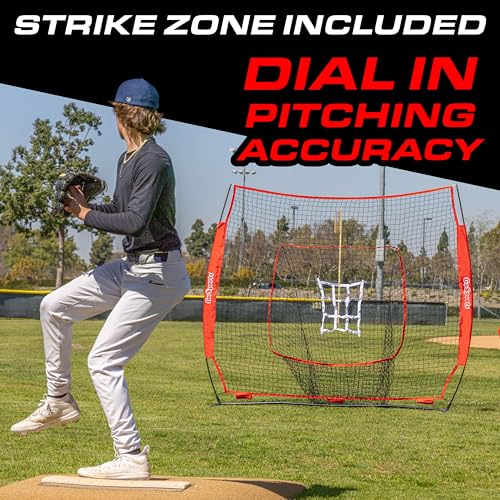 GoSports Red 7x7 ft Baseball & Softball Hitting & Pitching Net with Frame, Bag & Strike Zone