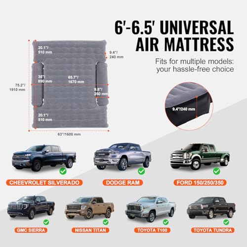 6-6.5 ft Full Size Truck Bed Air Mattress with Pump & Pillows for Camping