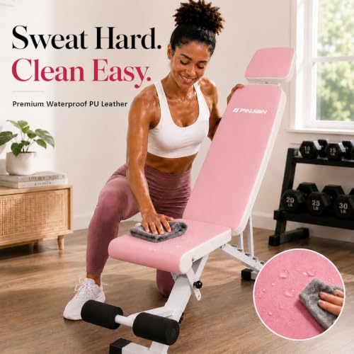 PIN JIAN Pink Adjustable Foldable Workout Bench - L, Full Body Gym Equipment
