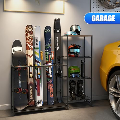 Freestanding Ski Rack with Adjustable Bars, Snowboard & Gear Storage