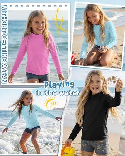 Girls Rash Guard Swimwear Shirt 3 Pack - UV Protection, Quick Dry