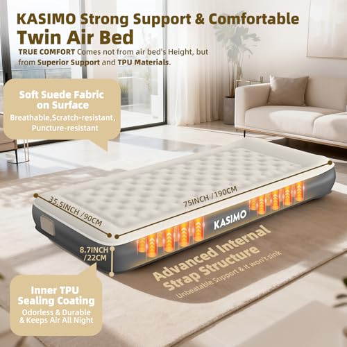 KASIMO Twin Air Mattress with Cordless Rechargeable Pump, 75 x 35.5 x 8.7 inches, Eco-Friendly TPU