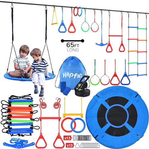 Ninja Warrior Obstacle Course for Kids - 65 ft with Saucer Tree Swing - Blue
