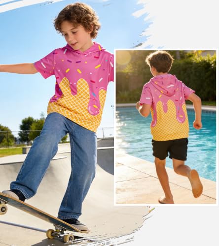 UNIFACO Boys Short Sleeve Hoodie Shirt - Funny Graphic Tee for 7-14 Years, Ice Cream Purple, 8 Years