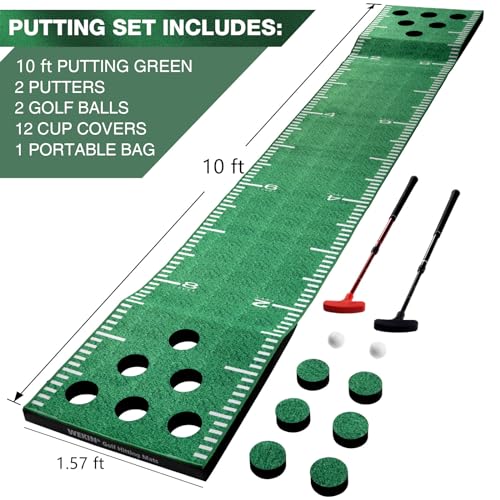 EVA Indoor Putting Green Mat with 2 Adjustable Golf Putters - Portable Practice Set