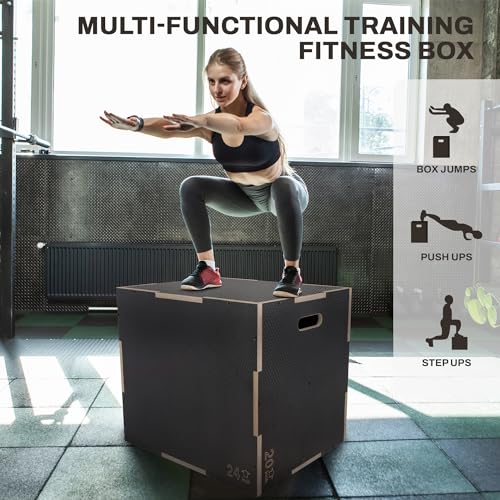 Signature Fitness Wooden Plyo Box Jump Platform Gray 20x24x30 in - Non-Slip, Multi-Size Home Gym Equipment