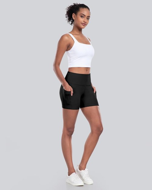 CHRLEISURE Women's High Waisted Biker Yoga Shorts - Tummy Control, 5-Inch Pocketed Spandex Gym Shorts