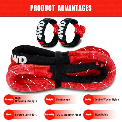 1in x 30ft Heavy Duty Kinetic Recovery Rope with Soft Shackles - 48,500lbs Towing Kit