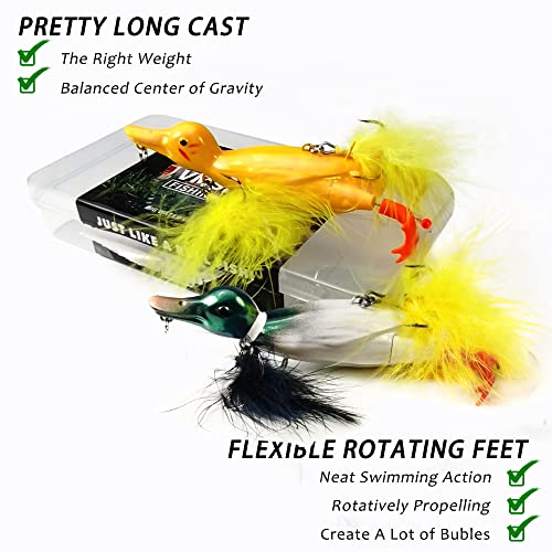 2 Pcs Baby Duck Fishing Lures - Topwater Bass, Pike & Walleye Baits - Yellow & Green