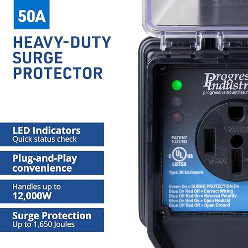 Portable RV Surge Protector 50 Amp with Cover - Weatherproof, USA Made