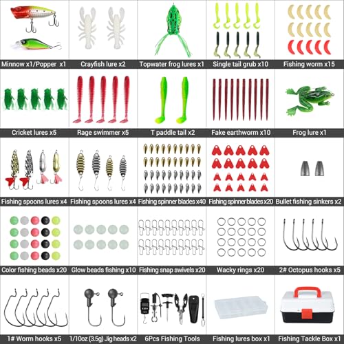 Black 3-Layer Fishing Tackle Box Kit with 213 Pcs Lures & Accessories