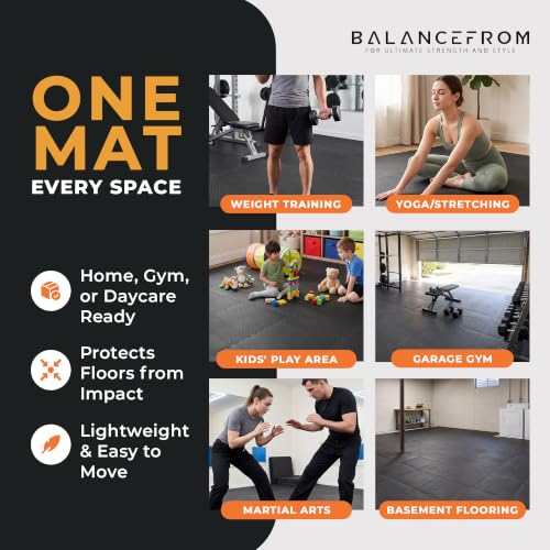 BalanceFrom Puzzle Exercise Mat Black 1-Inch Thick Interlocking Foam Floor - 72 Sq Ft