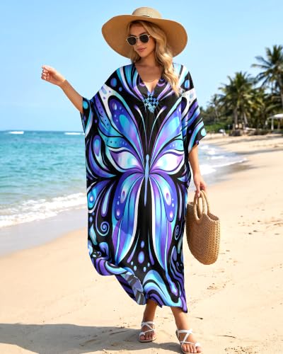 Purple Plus Size Kaftan Dress for Women V-Neck Beach Cover Up Batwing Sleeves