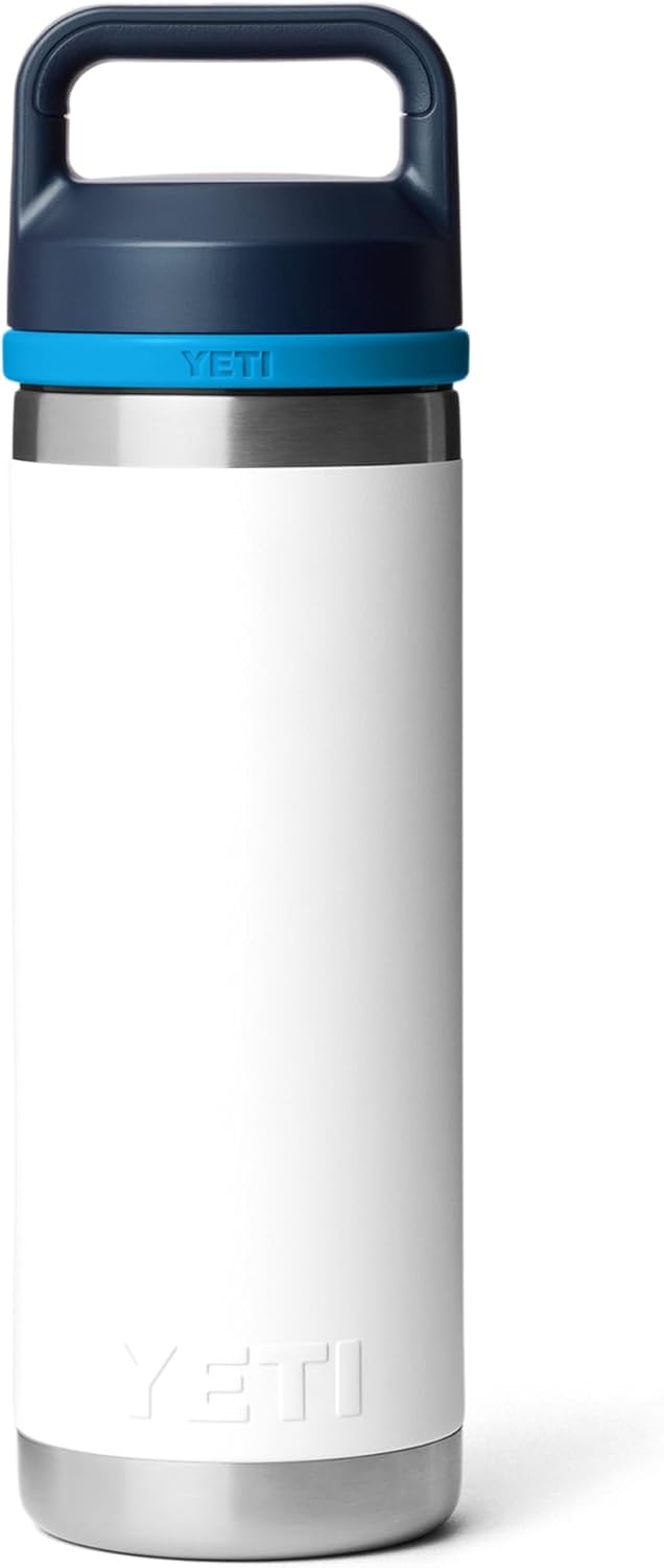 YETI Rambler 18 oz Bottle - Leakproof Vacuum Insulated Stainless Steel with Chug Cap | White/Blue