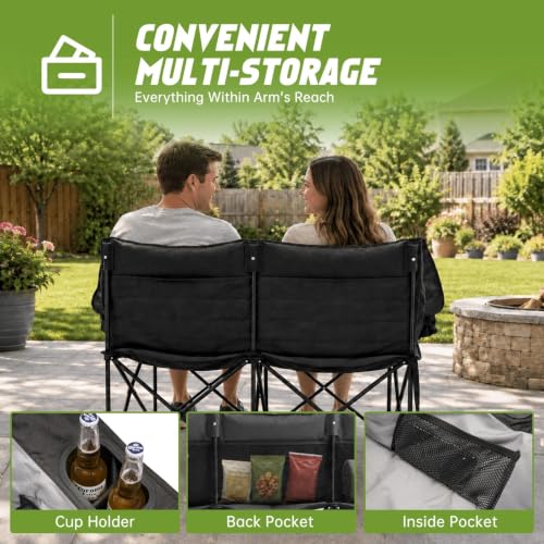 Black 2-Person Folding Camping Loveseat Outdoor Chair with Padded Seat & Storage
