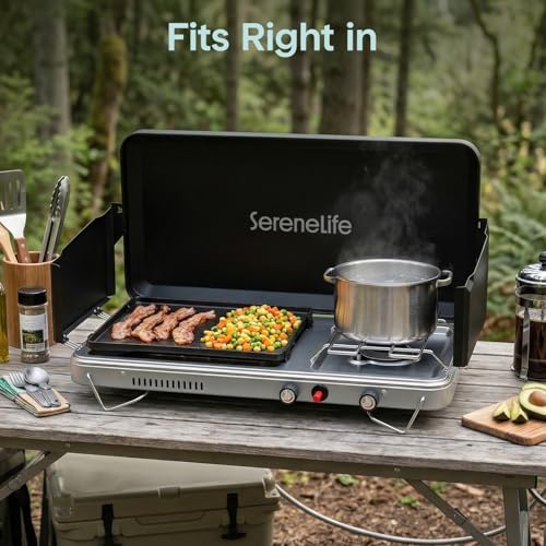 Portable Camping Stove with Griddle Combo, 2 Burners, 10000 BTU & 5000 BTU