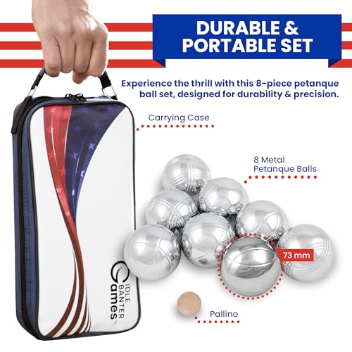 Outdoor Boules Game Set with Flag Design Carrying Case - 8 Petanque Balls for Lawn & Beach Play