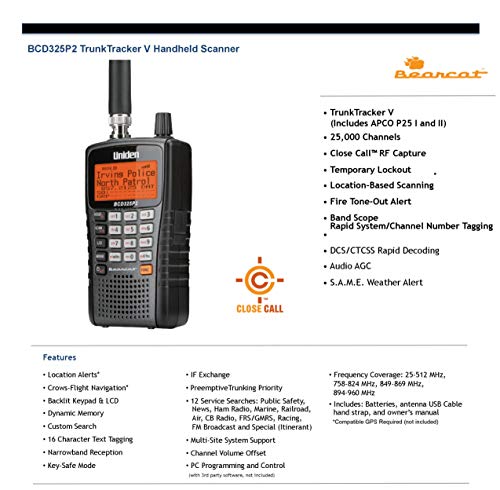 Uniden BCD325P2 Handheld TrunkTracker V Scanner with GPS & Weather Alert