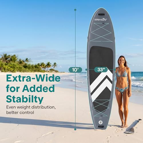 SereneLife 10’ Inflatable SUP Board - Gray, Wide Stable Design, Complete Kit for Water Sports