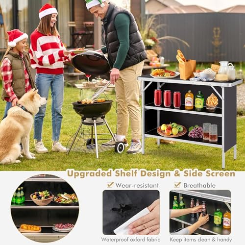 Black Portable Folding Camping Table with 2-Tier Storage Shelves & Removable Cover