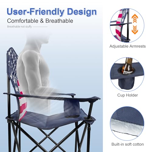 American Flag Oversized Collapsible Camping Chairs 2-Pack, Padded Lawn Seats, 350 lbs