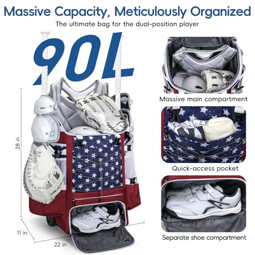 KAVIGOR Red, White & Blue Catchers Gear Bag with Wheels - 90L Baseball Softball Equipment Carrier for 2 Sets