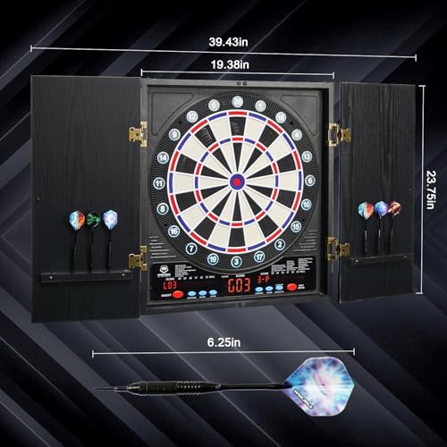 WIN.MAX Black Electronic Dart Board with Cabinet Set, 8-Player Color Light & Auto Scoring