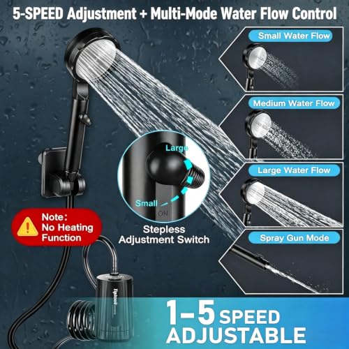 Tipkook Portable Camping Shower Black - 10000mAh Rechargeable Waterproof High-Pressure Outdoor Shower with LED Display, 5-Speed Pump for Hiking & Pet Bathing