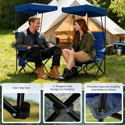 Foristrail Navy Blue 2-Pack Folding Camping Chairs with Canopies & Cup Holders