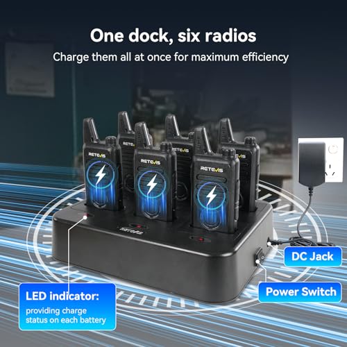 Retevis RT22S Walkie Talkies 6 Pack with Earpieces & 6-Way Charger - Shatterproof Hidden Display, License-Free Two-Way Radio