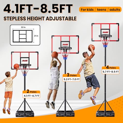 Black Portable Basketball Hoop for Kids & Teens - Adjustable Height 4.1-8.5 ft, 32'' Shatterproof Backboard, Fillable Base