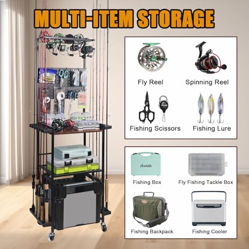Heavy Duty 3-Tier Fishing Rod Storage Rack with Pegboard and Hooks