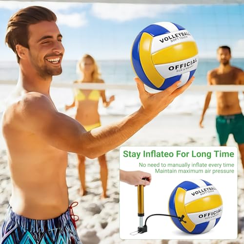 Soft Waterproof Volleyball Size 5 - Yellow-Blue-White, Includes Pump & Net Bag