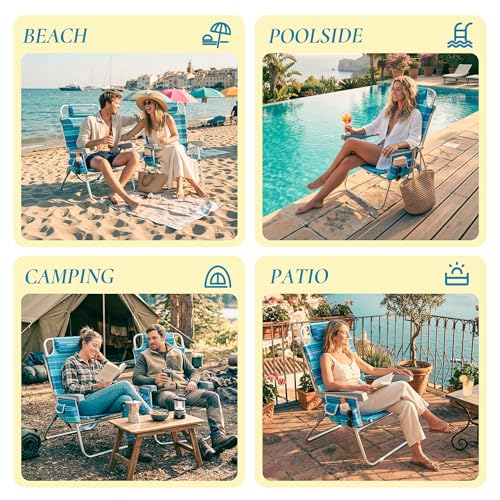 ARURU Light Green Tall Folding Beach Chair for Adults with Cooler & Cup Holder, 5-Position Recline, Portable Backpack Design