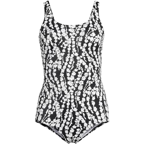 Lands' End Women's Chlorine Resistant One-Piece Swimsuit Black/White Vine Floral